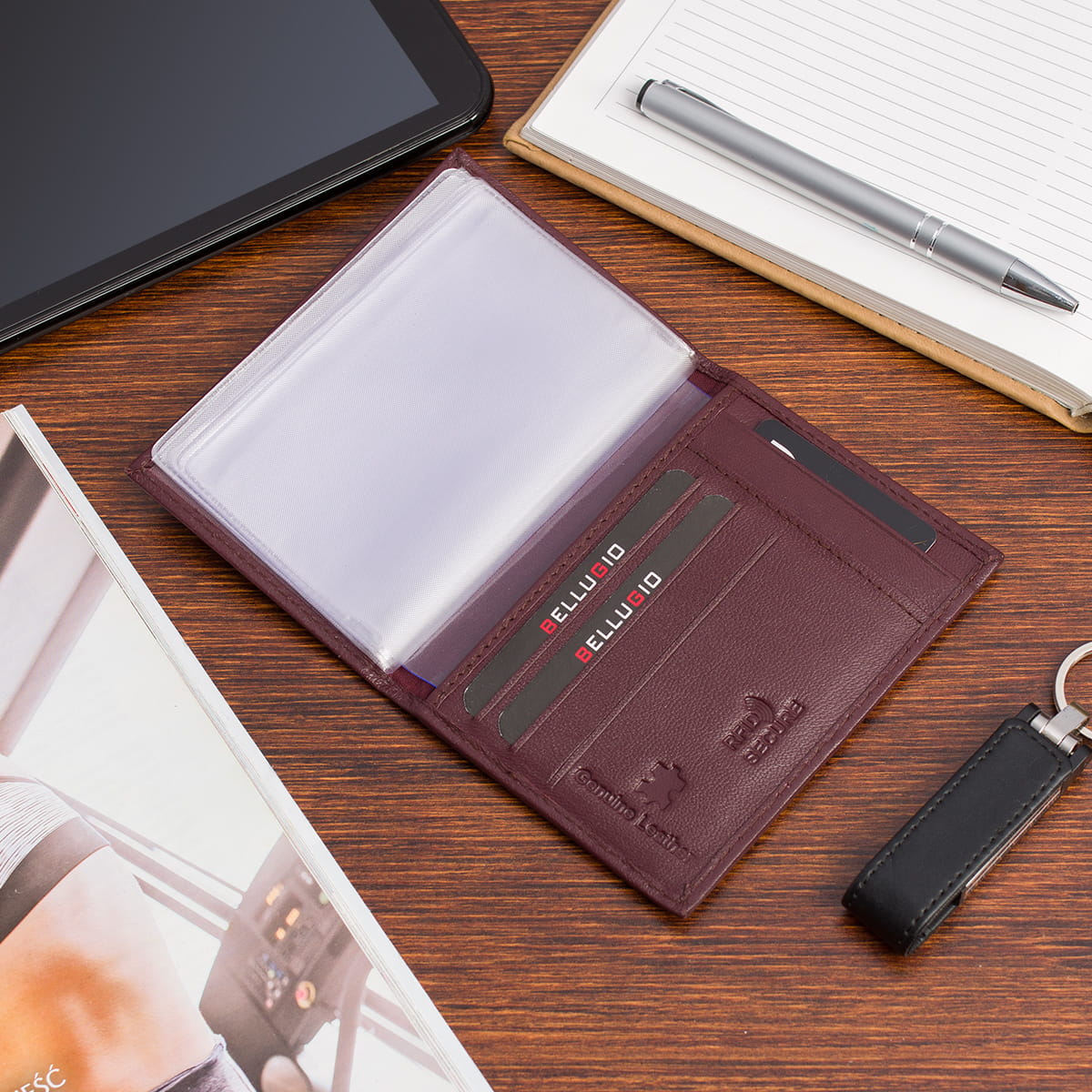 Skórzane etui z systemem RFID - bordowe