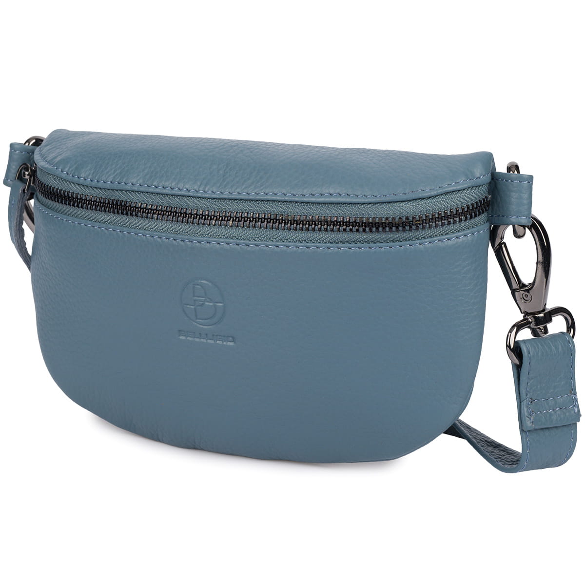 Mała saszetka skórzana typu nerka wielofunkcyjna - szaroniebieska