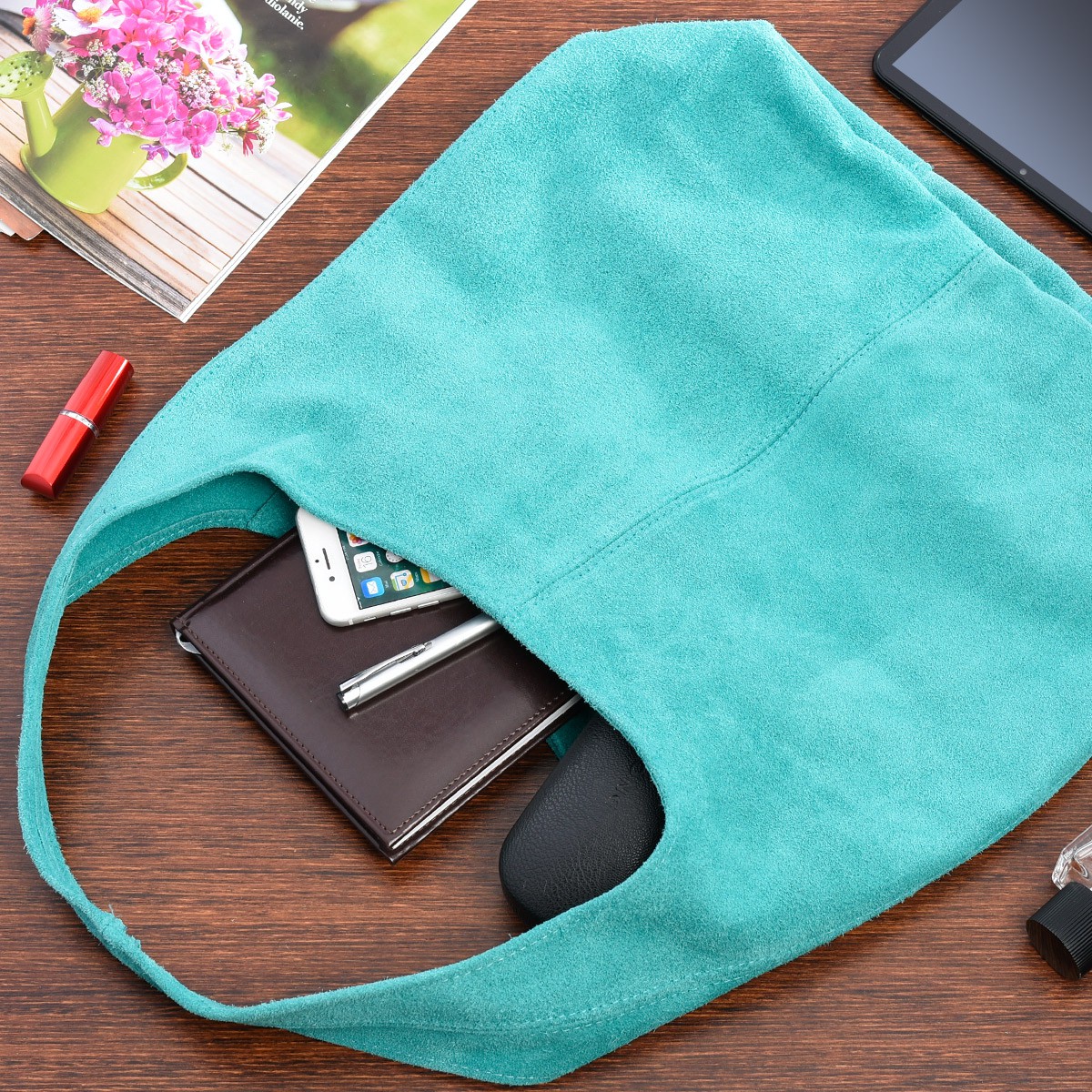 Włoska Torebka worek Skórzana zamsz Naturalny