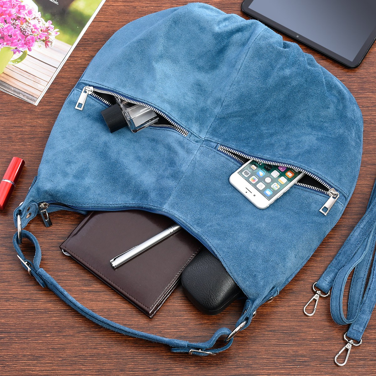 SKÓRZANA TOREBKA A4 worek LISTONOSZKA zamszowa