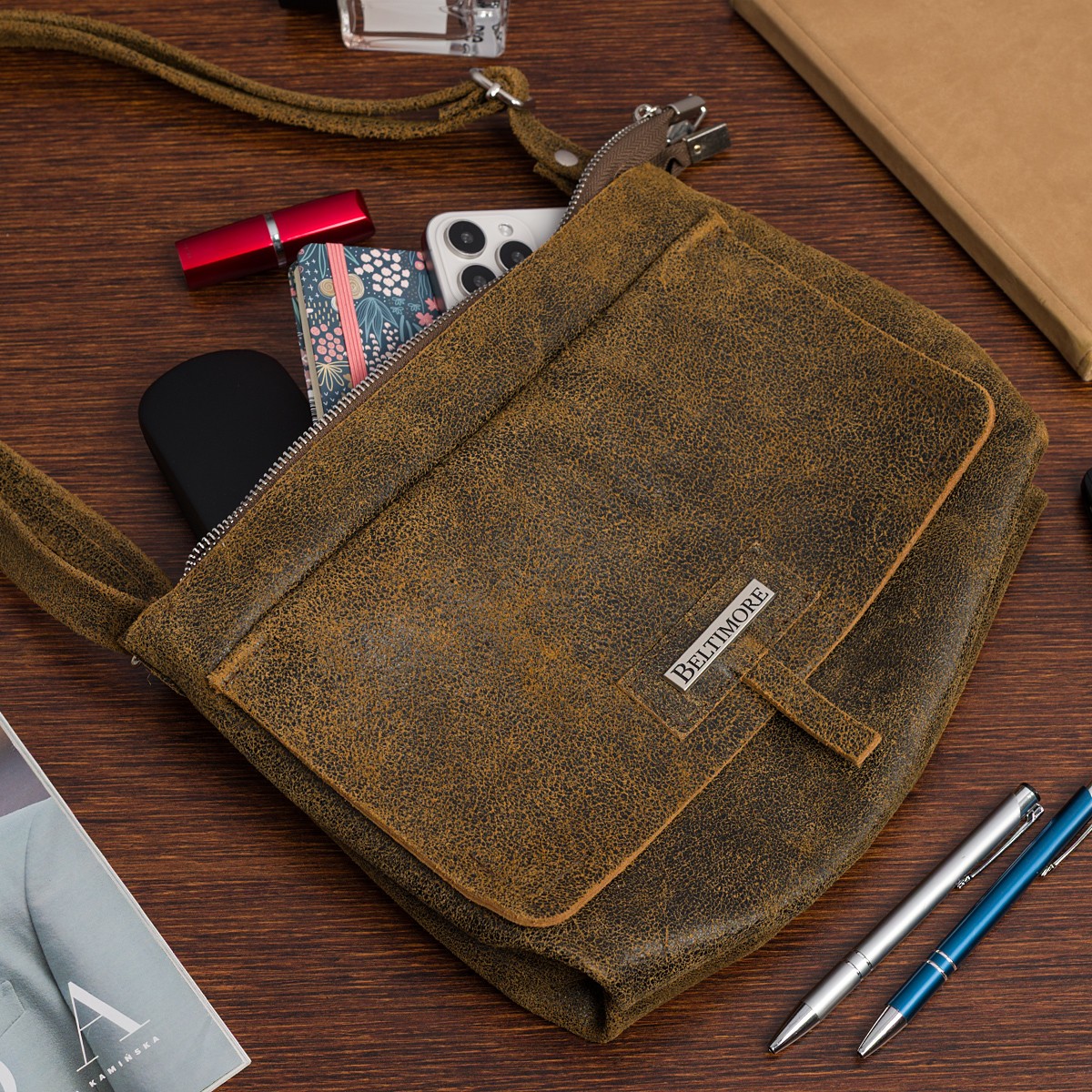 Beltimore Torebka Skórzana 2komorowa Klapa Pasek brązowa N14