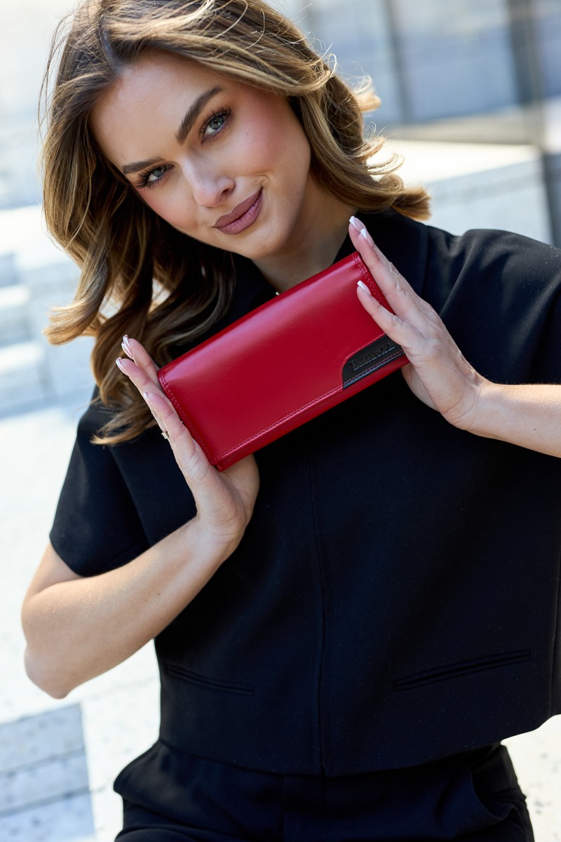 Damski skórzany portfel duży poziomy retro RFiD czerwony BELTIMORE 040