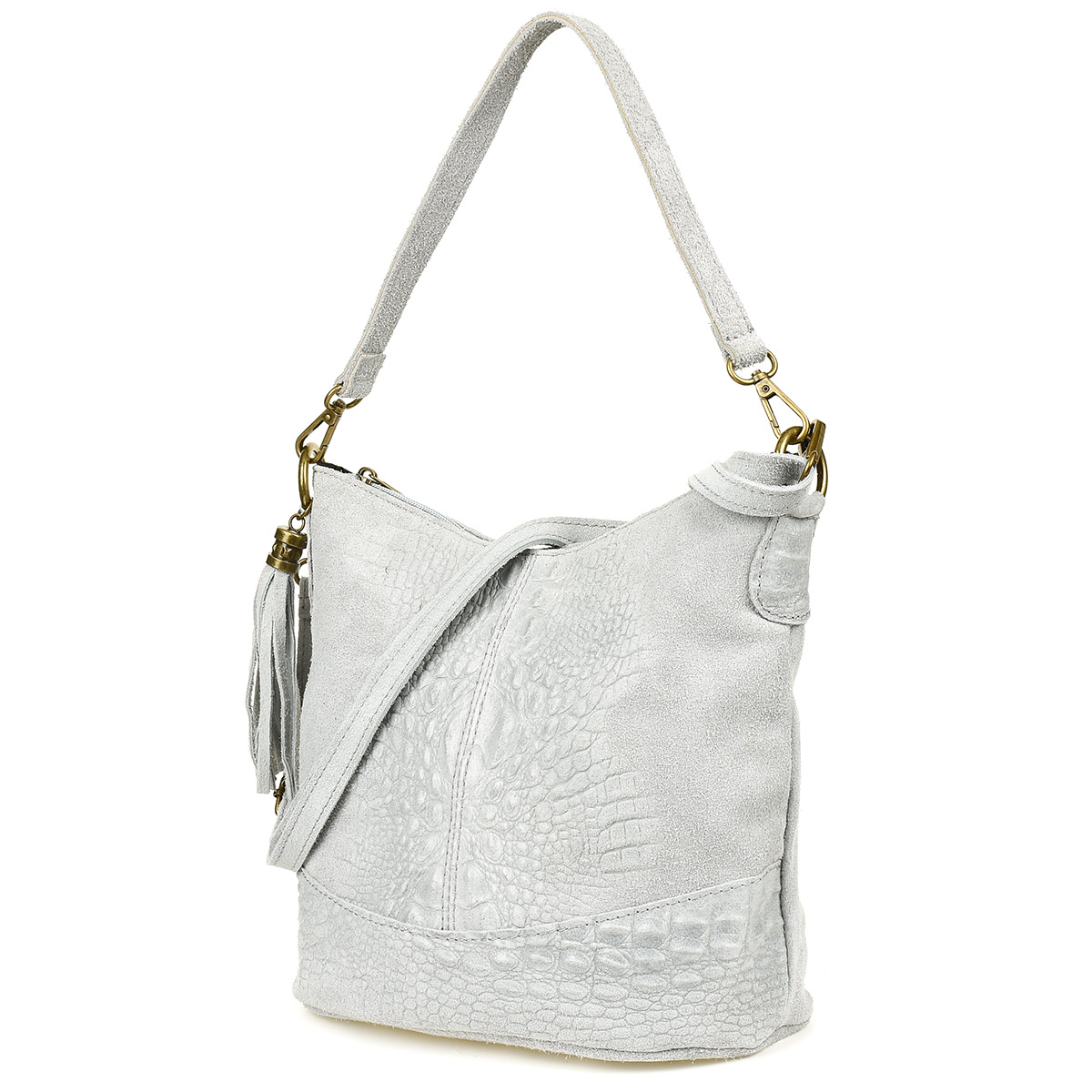 Jasnoszara torebka CROCO, skórzana listonoszka damska, zamszowa torebka W13
