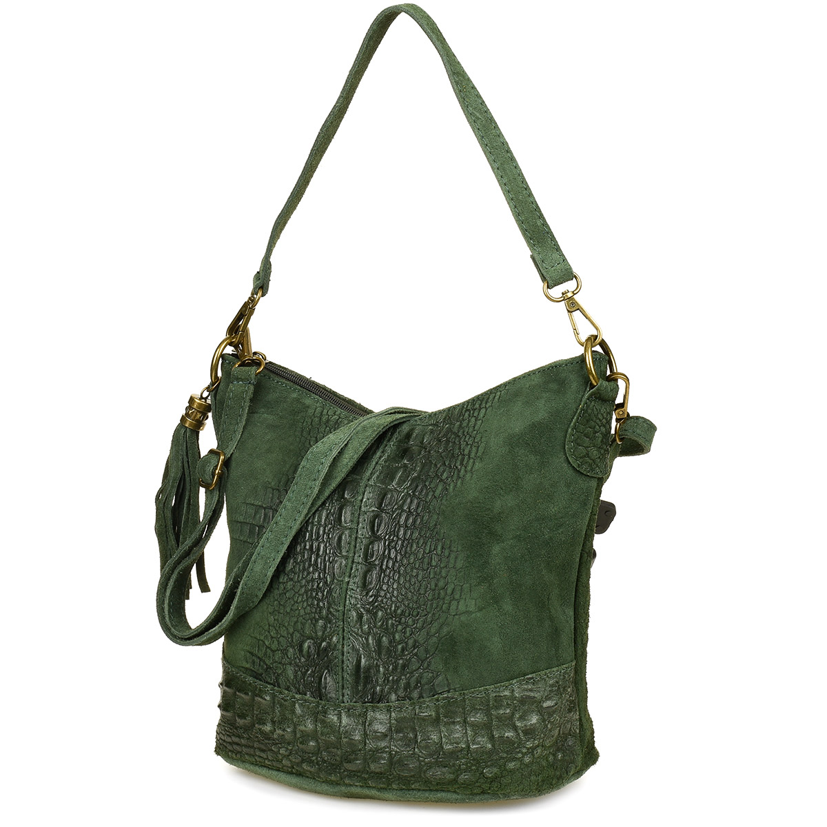 Torebka skórzana zamszowa CROCO listonoszka 2 paski ciemna zieleń Beltimore W13