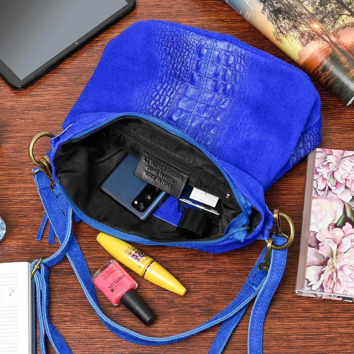 Torebka skórzana zamszowa CROCO listonoszka 2 paski chabrowa Beltimore W13