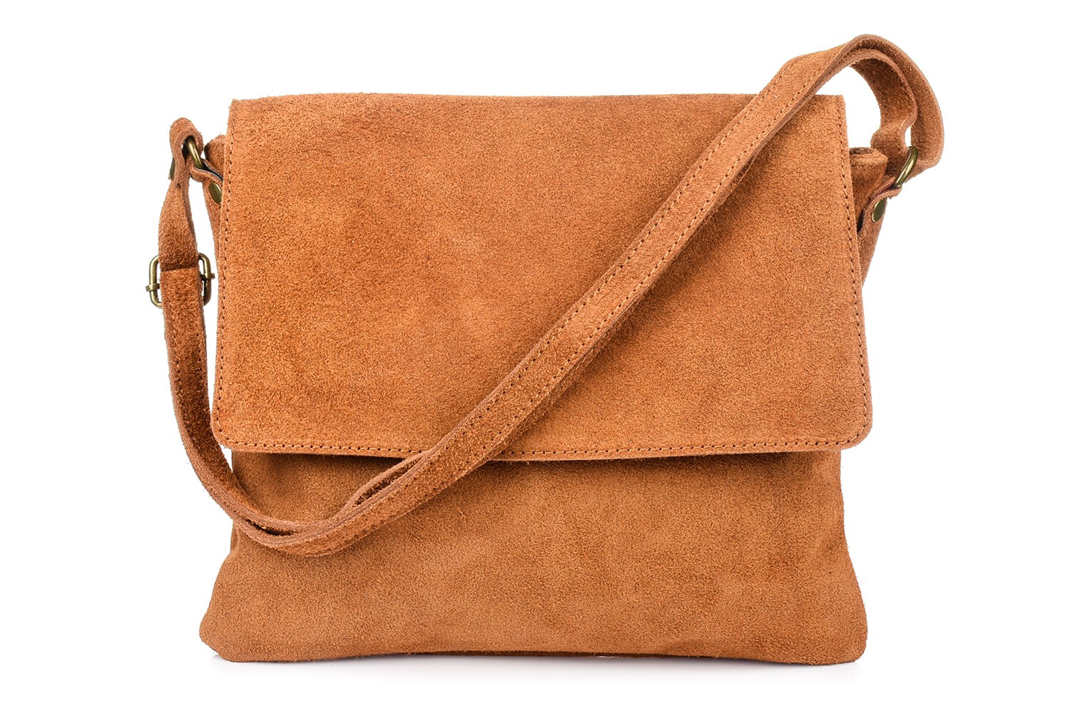 Camelowa listonoszka z klapą, zamszowa torebka damska, skórzana listonoszka B67