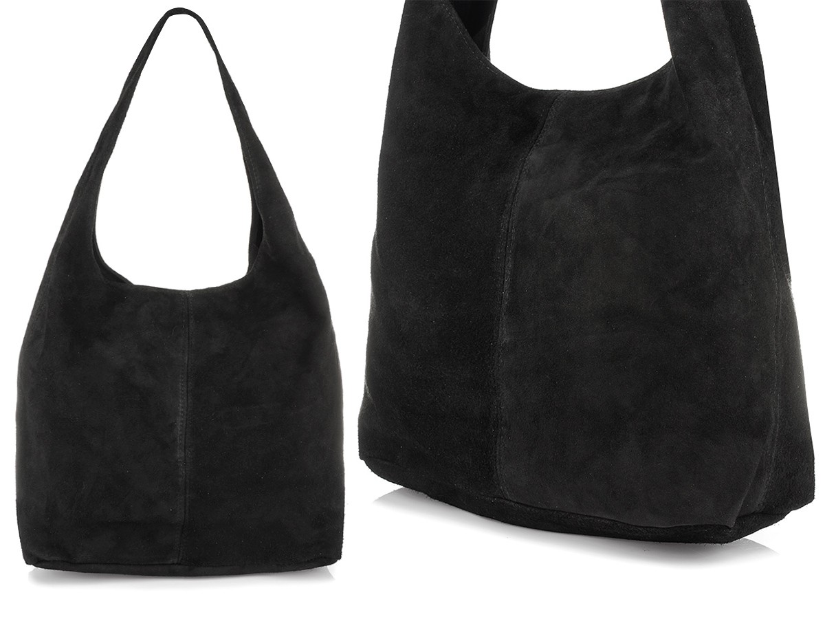 Torebka torba klasyczna worek skórzana zamsz naturalny na jedno ucho czarna U35