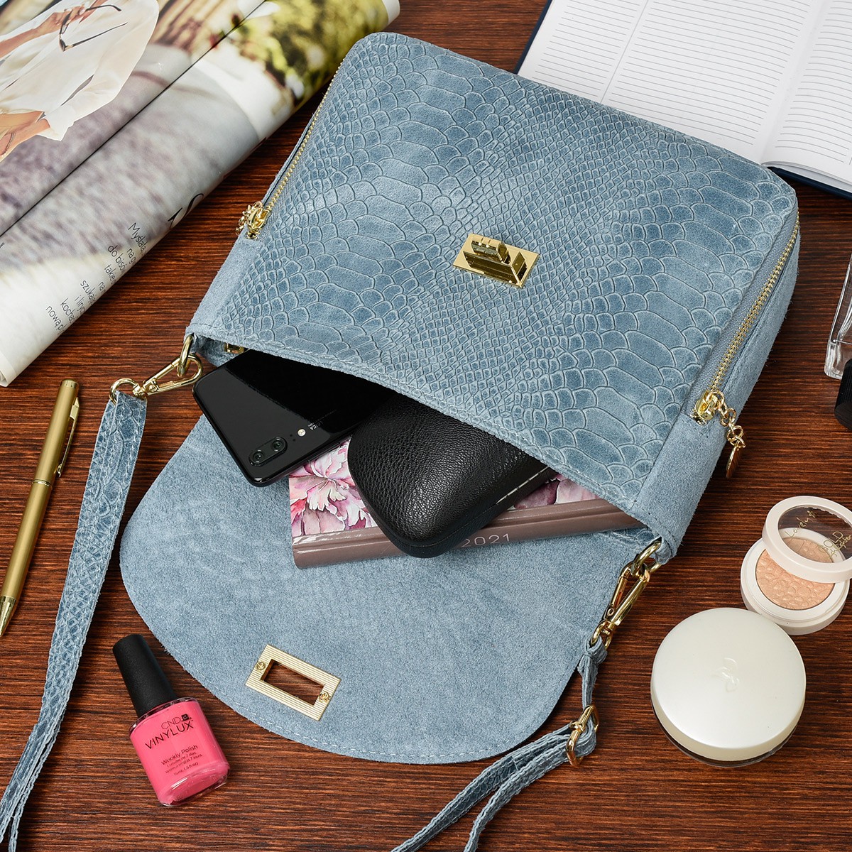 Niebieska listonoszka skórzana elegancka torebka damska włoska torebka skóra węża T96