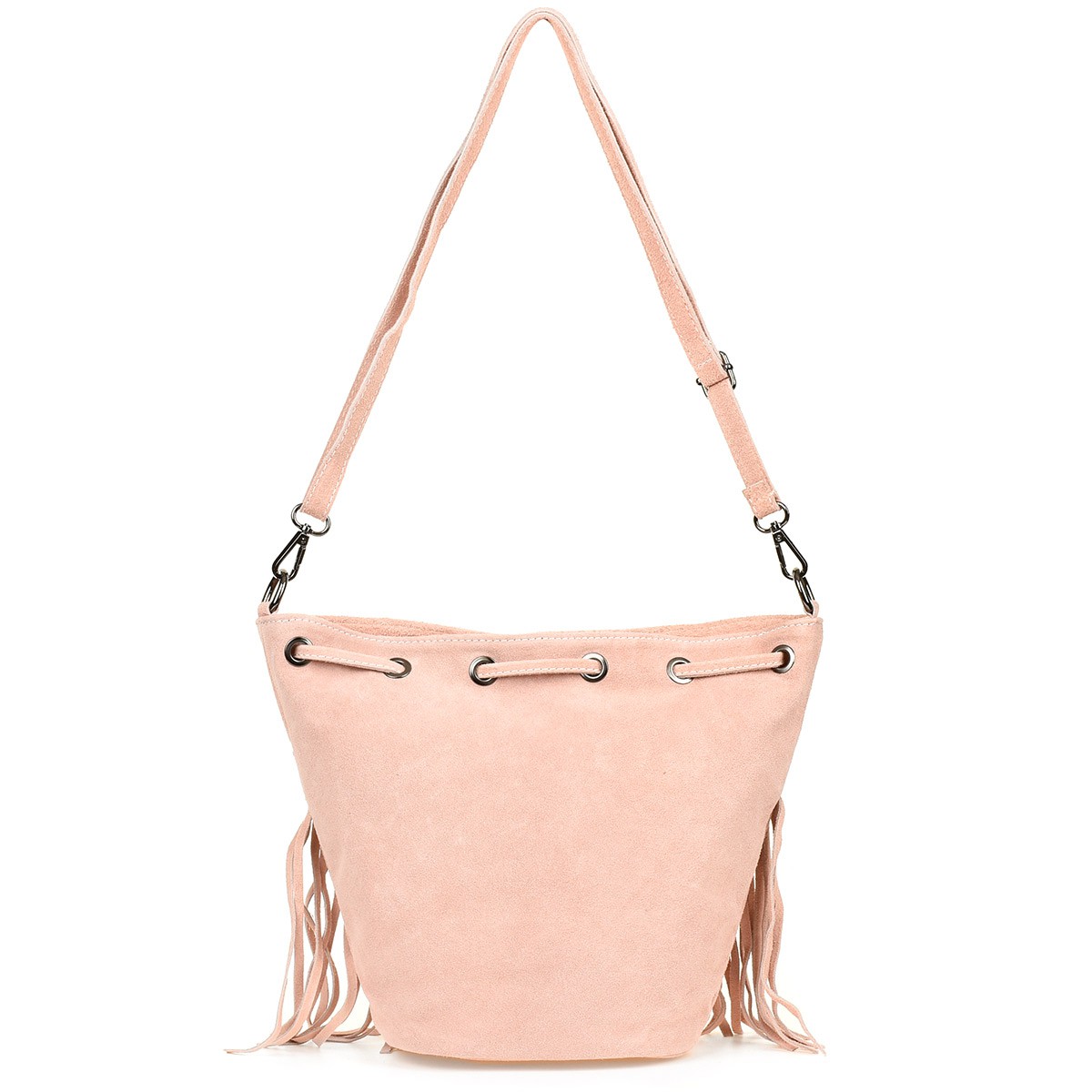 Pudrowo-różowa torebka zamszowa, włoska torebka damska z frędzlami X39