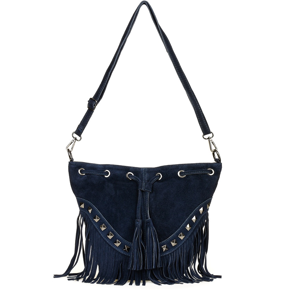 Granatowa torebka zamszowa, włoska torebka damska z frędzlami X39