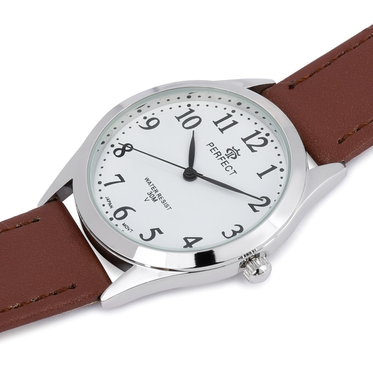 Męski zegarek naręczny klasyczny na skórzanym brązowym pasku duże cyfry Perfect 228