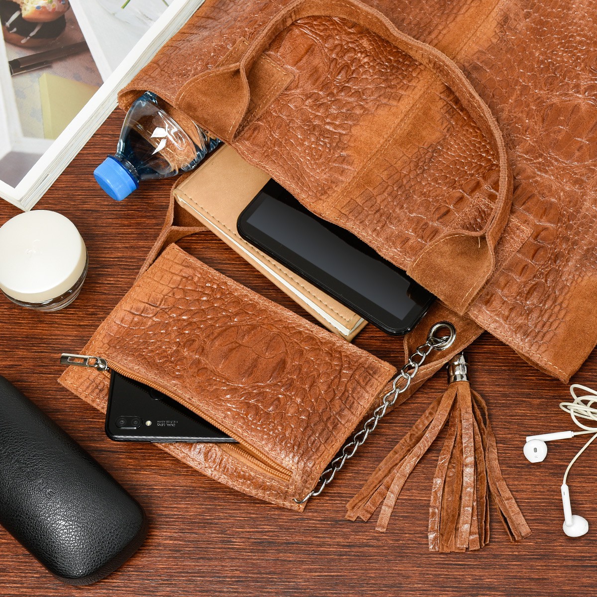 Camelowa torebka shopper, duża skórzana torba damska, worek CROCO L94