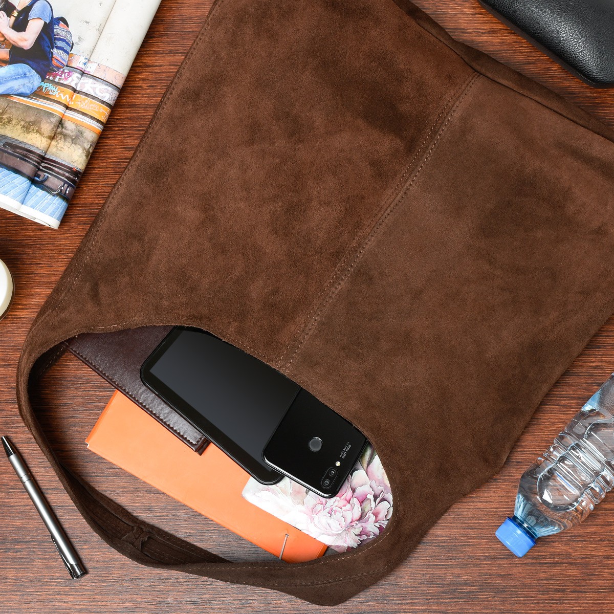 Włoska Torebka worek Skórzana zamsz Naturalny brązowy U35