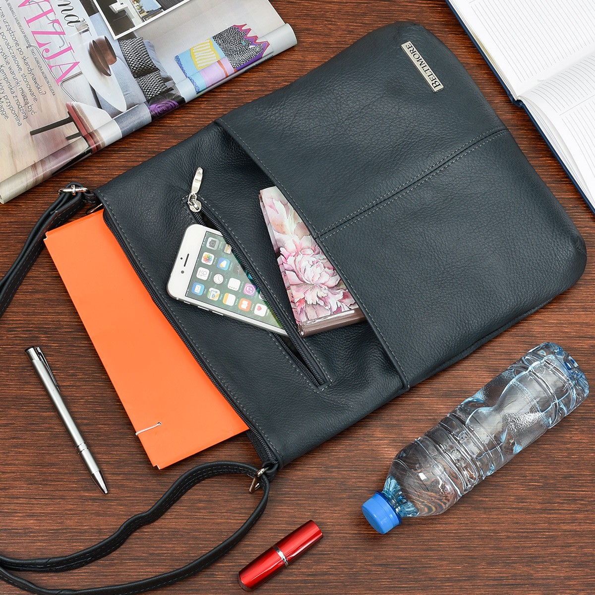 Granatowa torebka skórzana damska listonoszka skóra Beltimore A4 934