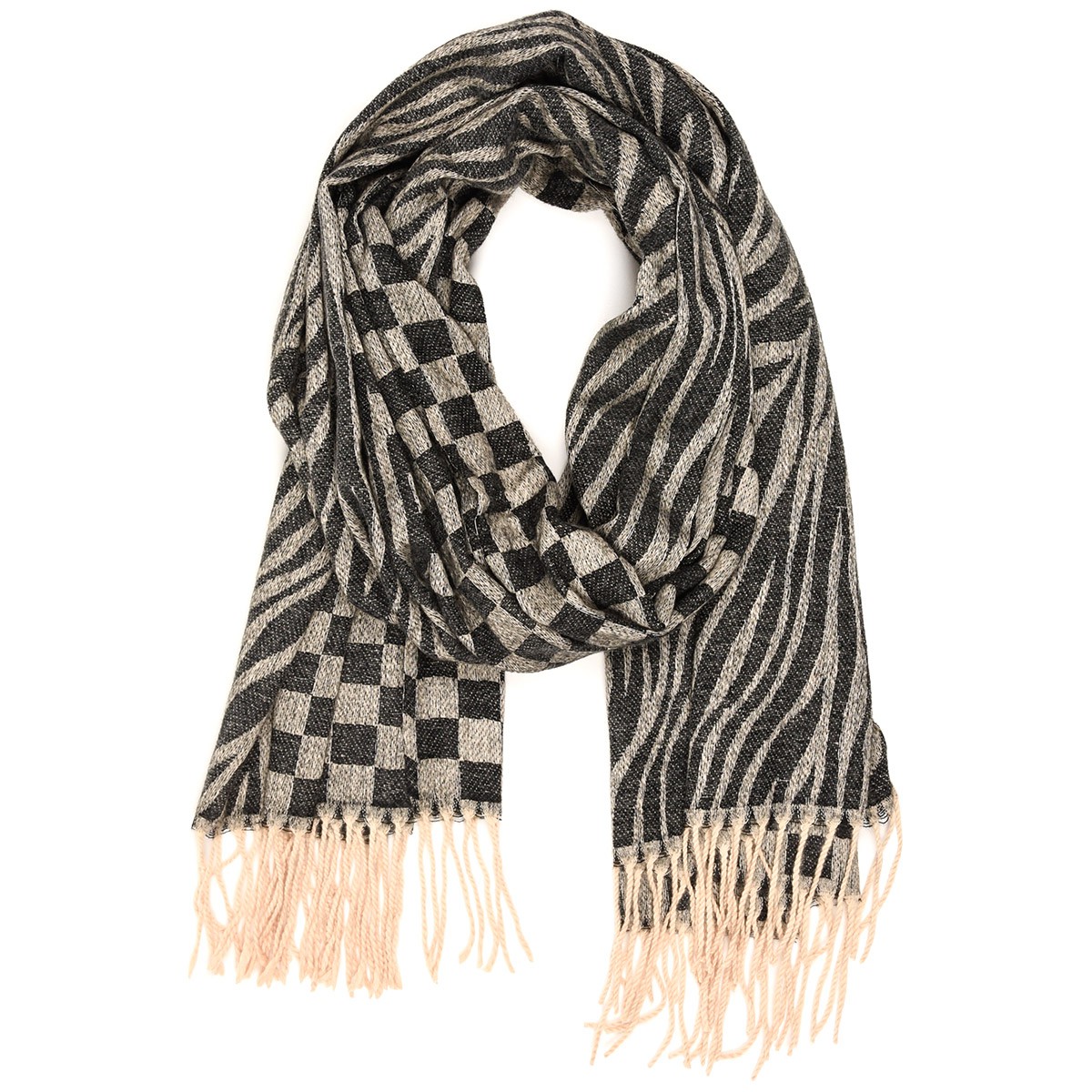 Czarny Duży Szalik Damski bawełniany ciepły szal szachownica ST-23