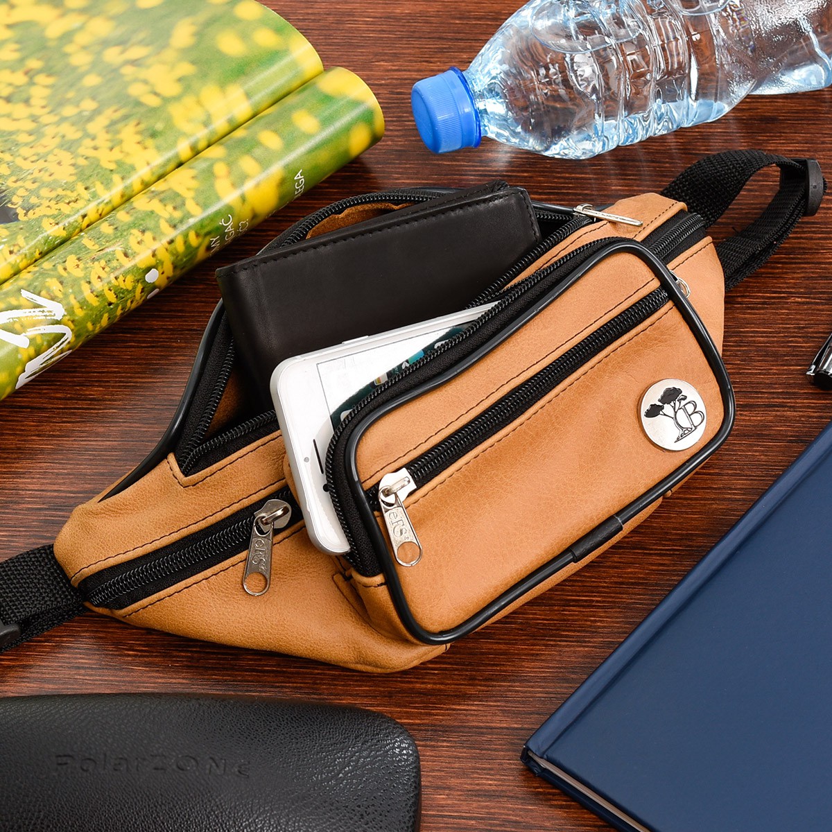 Camelowa nerka skórzana, pojemna saszetka biodrówka, nerka ze skóry naturalnej I54