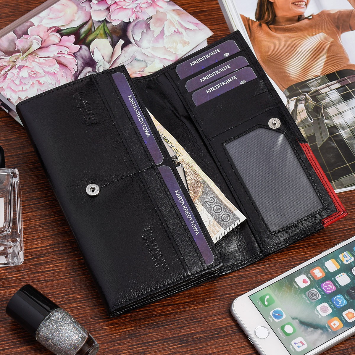 Damski skórzany portfel duży poziomy retro RFiD czarny BELTIMORE 040