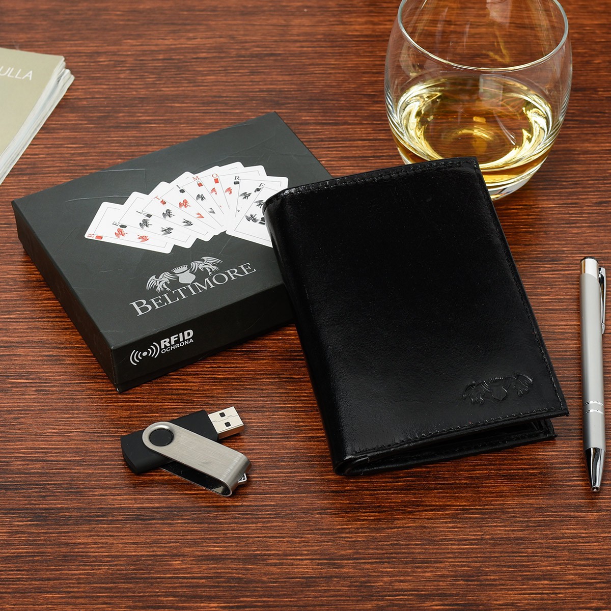 Zestaw męski skórzany portfel pasek duży Beltimore T99