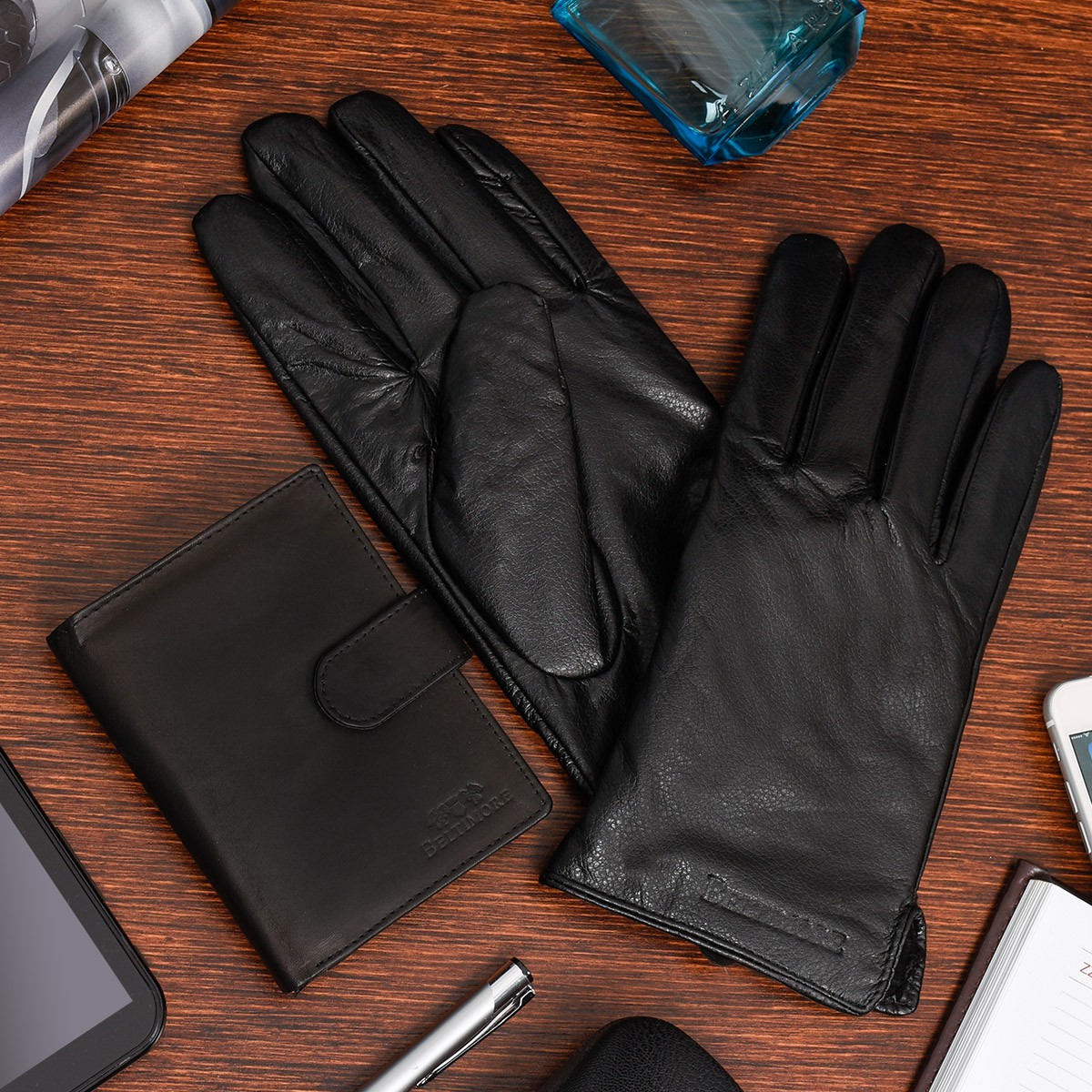 Zestaw męski skórzany portfel pionowy rękawiczki czarne Beltimore T91