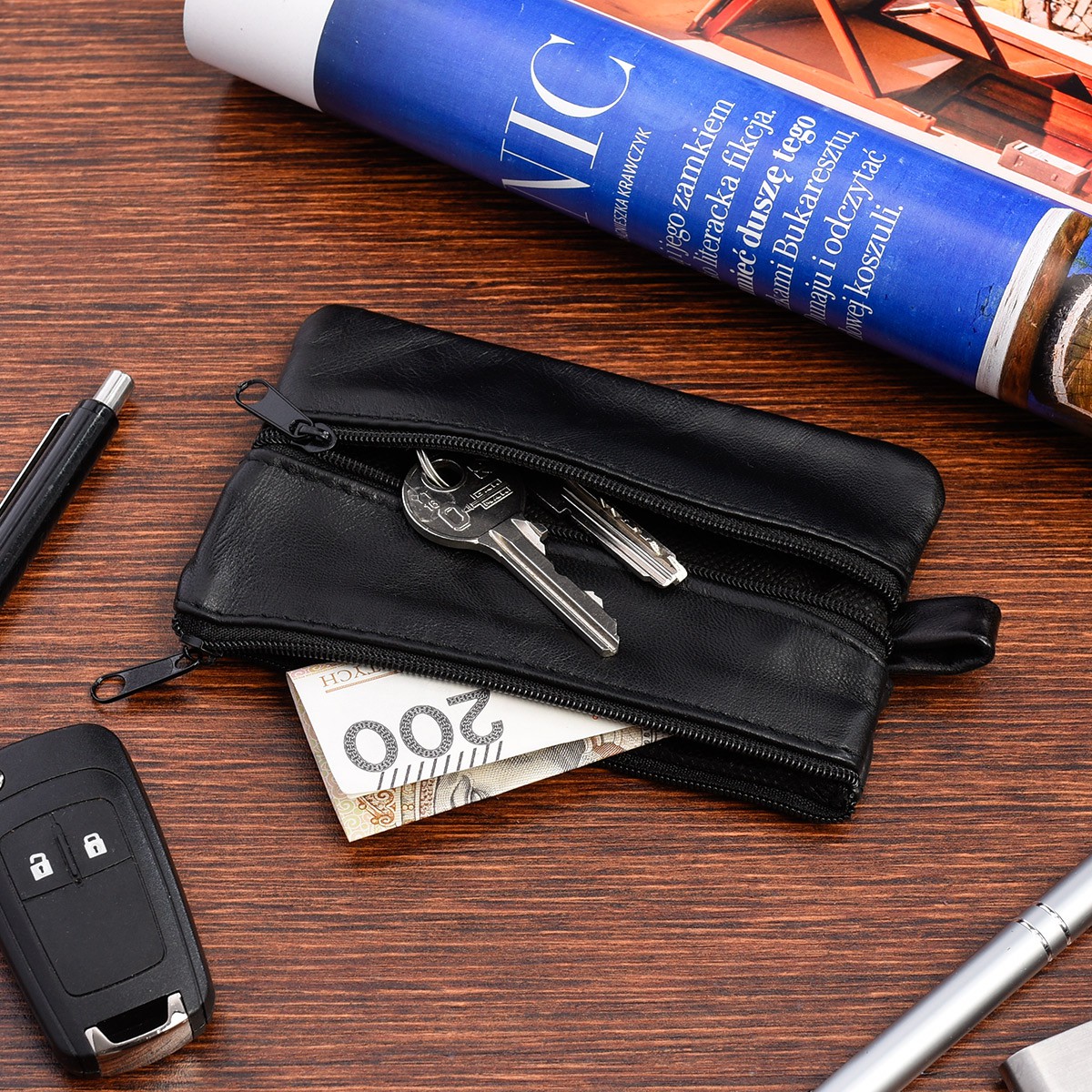 Etui na klucze duże trzykomorowe skórzane pojemne