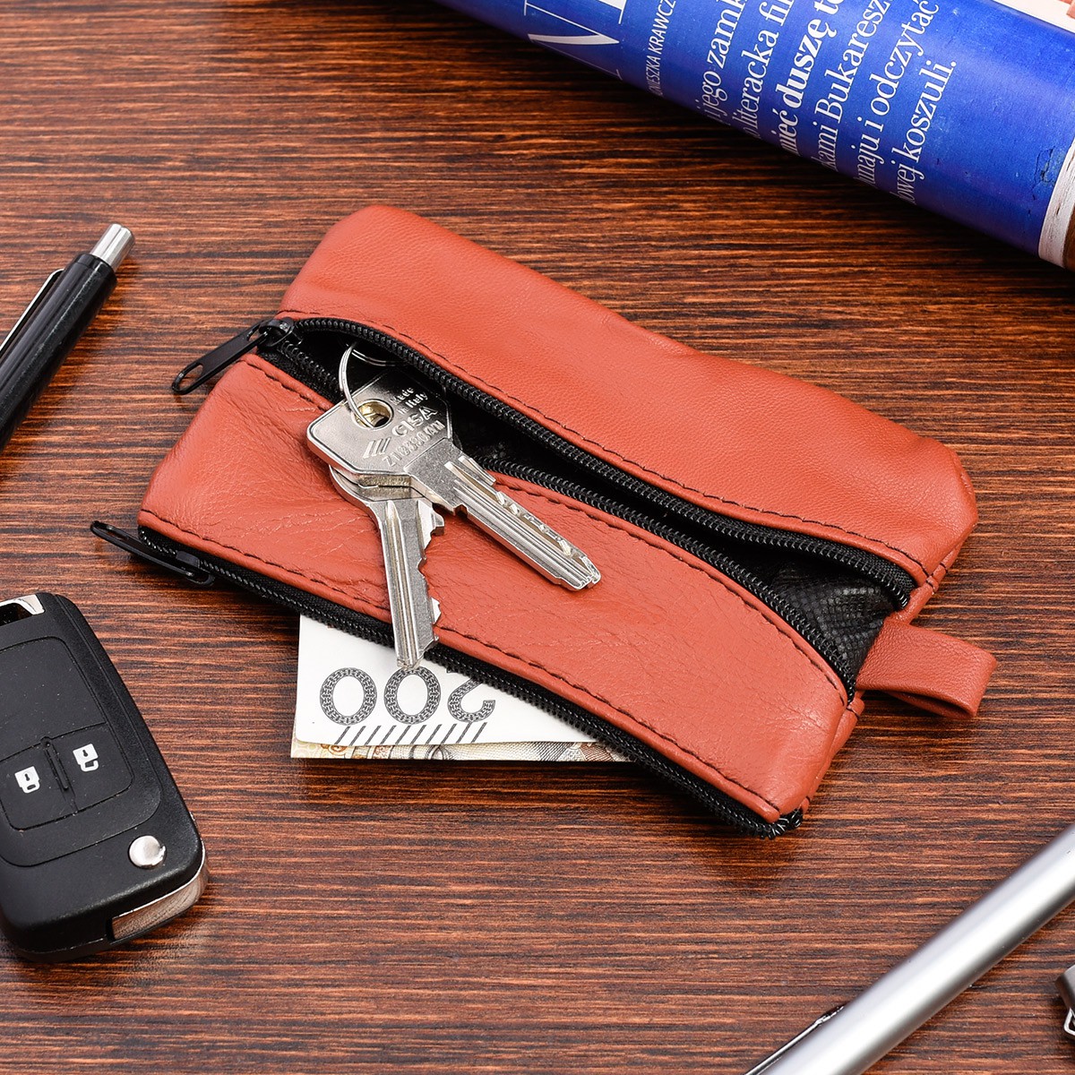 Etui na klucze duże trzykomorowe skórzane pojemne