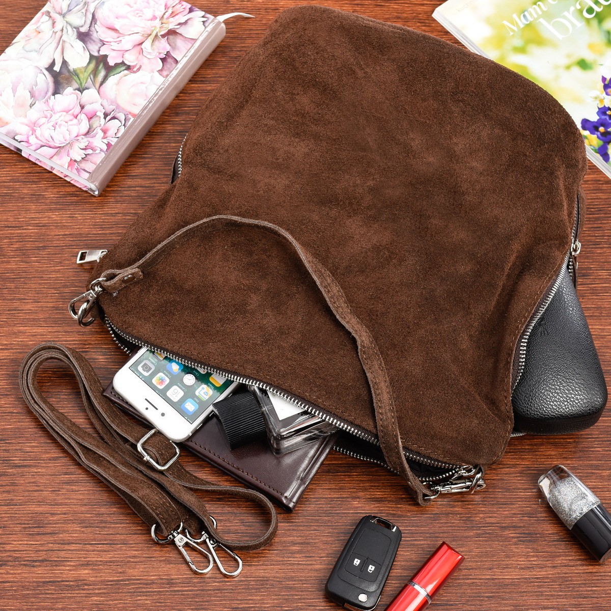 Skórzana listonoszka damska zamszowa na ramię włoska torebka Vera Pelle ciemnobrązowa W17