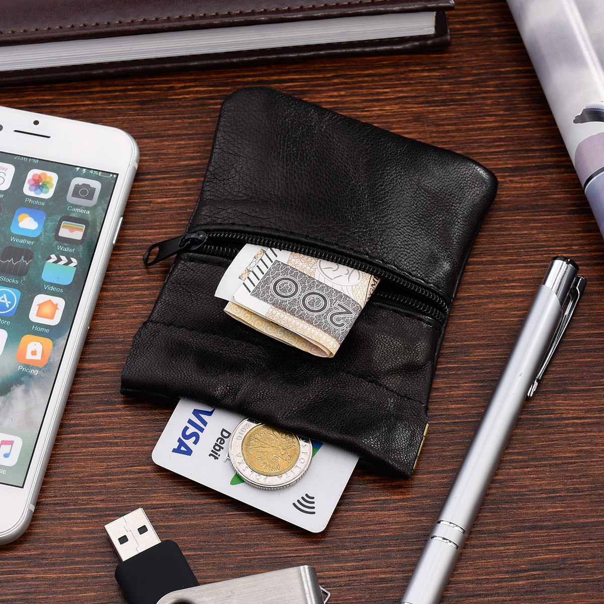 Banknotówka zgniatacz etui na pieniądze retro uniseks skórzane czarne G59