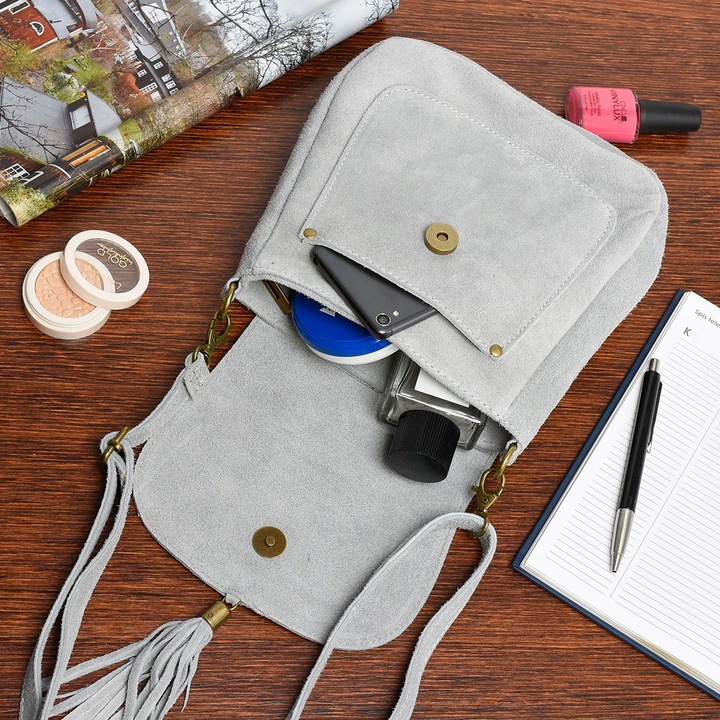 Siwa zamszowa listonoszka, skórzana torebka damska, torebka retro X40