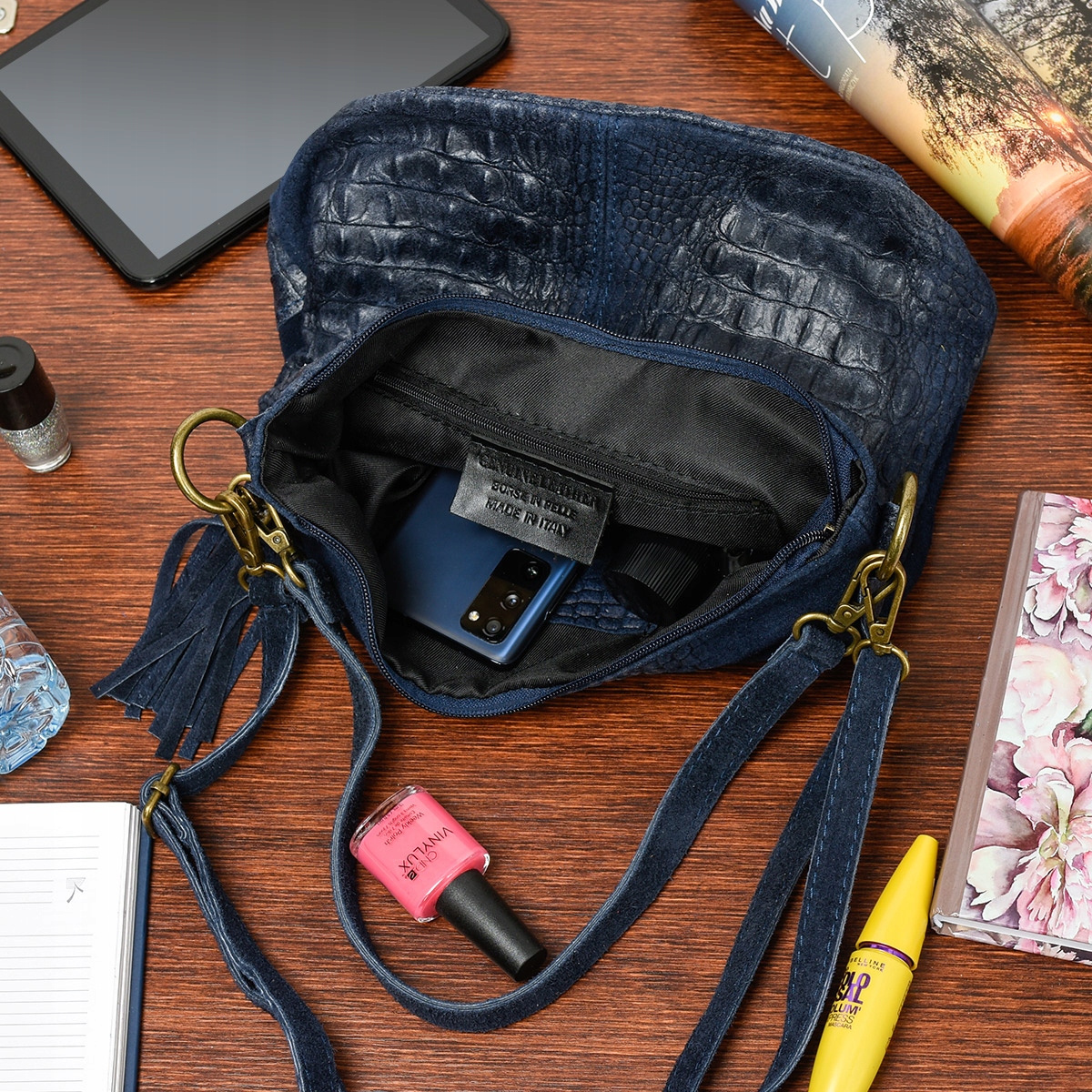 Torebka skórzana zamszowa CROCO listonoszka 2paski